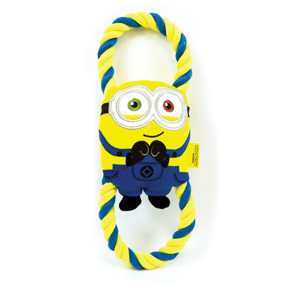 large minions dog toy with durable rope through the body, with squeaker and crinkle material