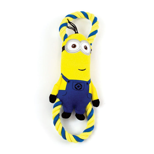 large minions dog toy with durable rope through the body, with squeaker and crinkle material