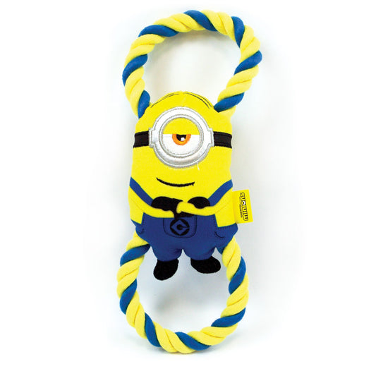 large minions dog toy with durable rope through the body, with squeaker and crinkle material