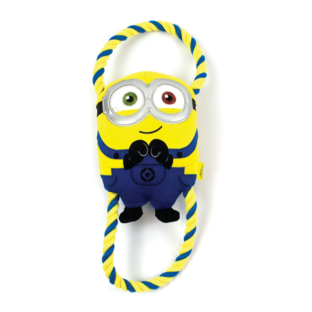large minions dog toy with durable rope through the body, with squeaker and crinkle material
