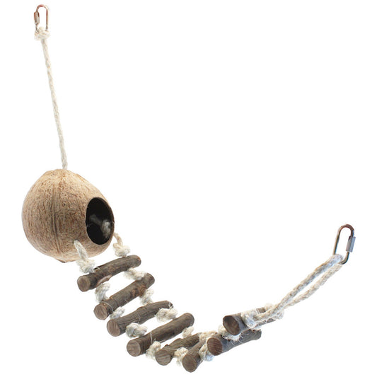 small animal hammock with natural wood and coconut hide