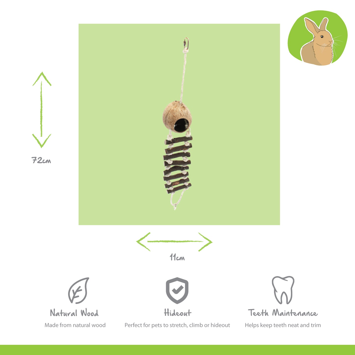 small animals natural wooden hanging toy with rope and coconut shell