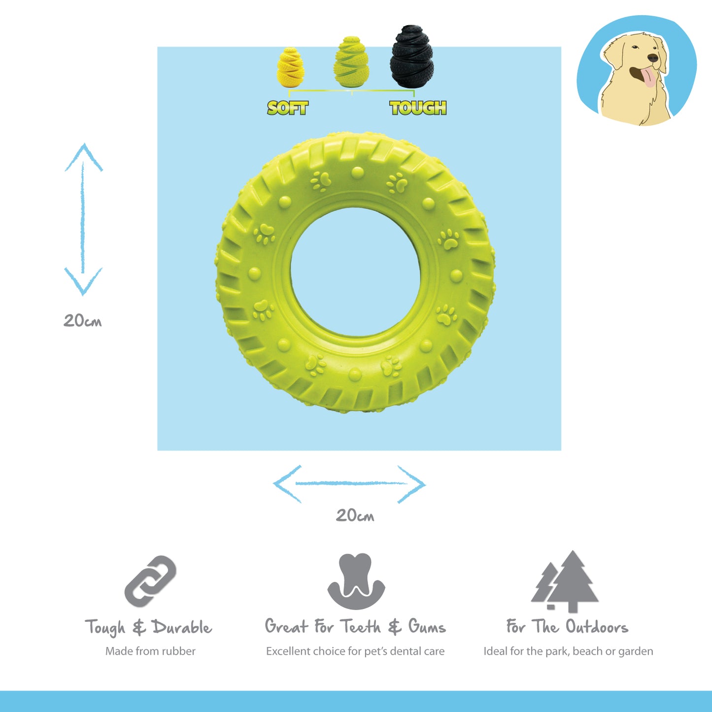 tough rubber tyre shaped dog toy great for teeth & gums