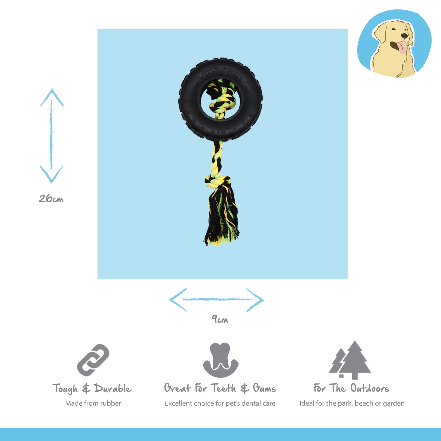 black tyre tough dog toy with durable knotted rope