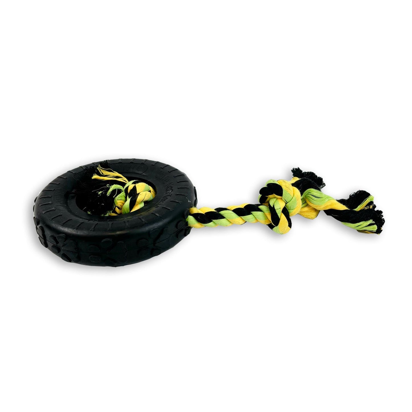 tough rubber tyre dog toy with durable knotted rope