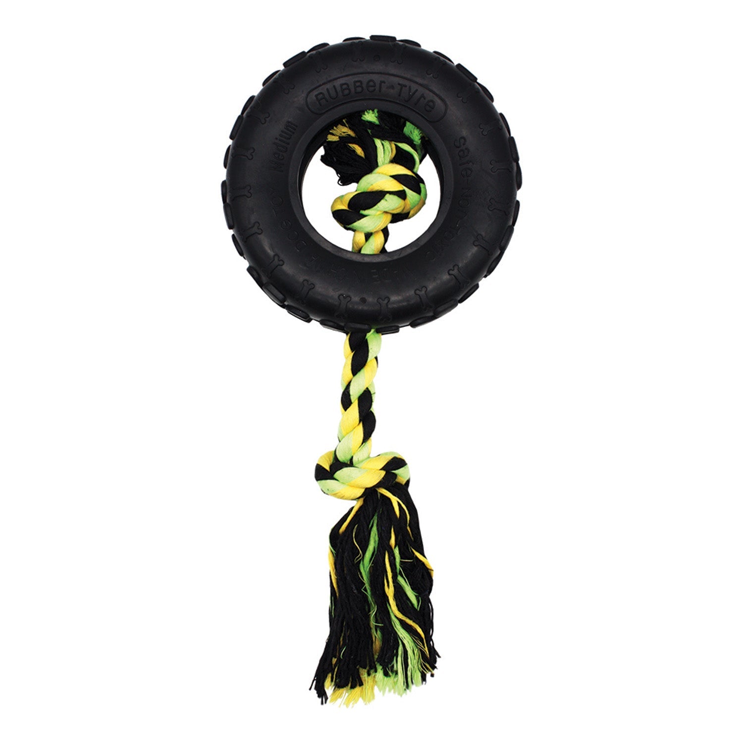 tough rubber tyre dog toy with durable knotted rope