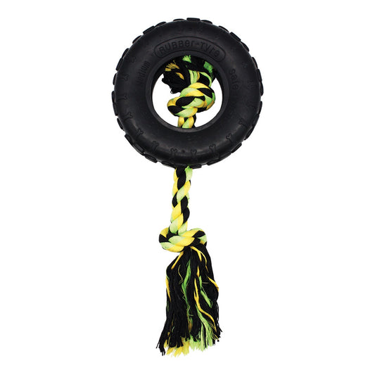 tough rubber tyre dog toy with durable knotted rope