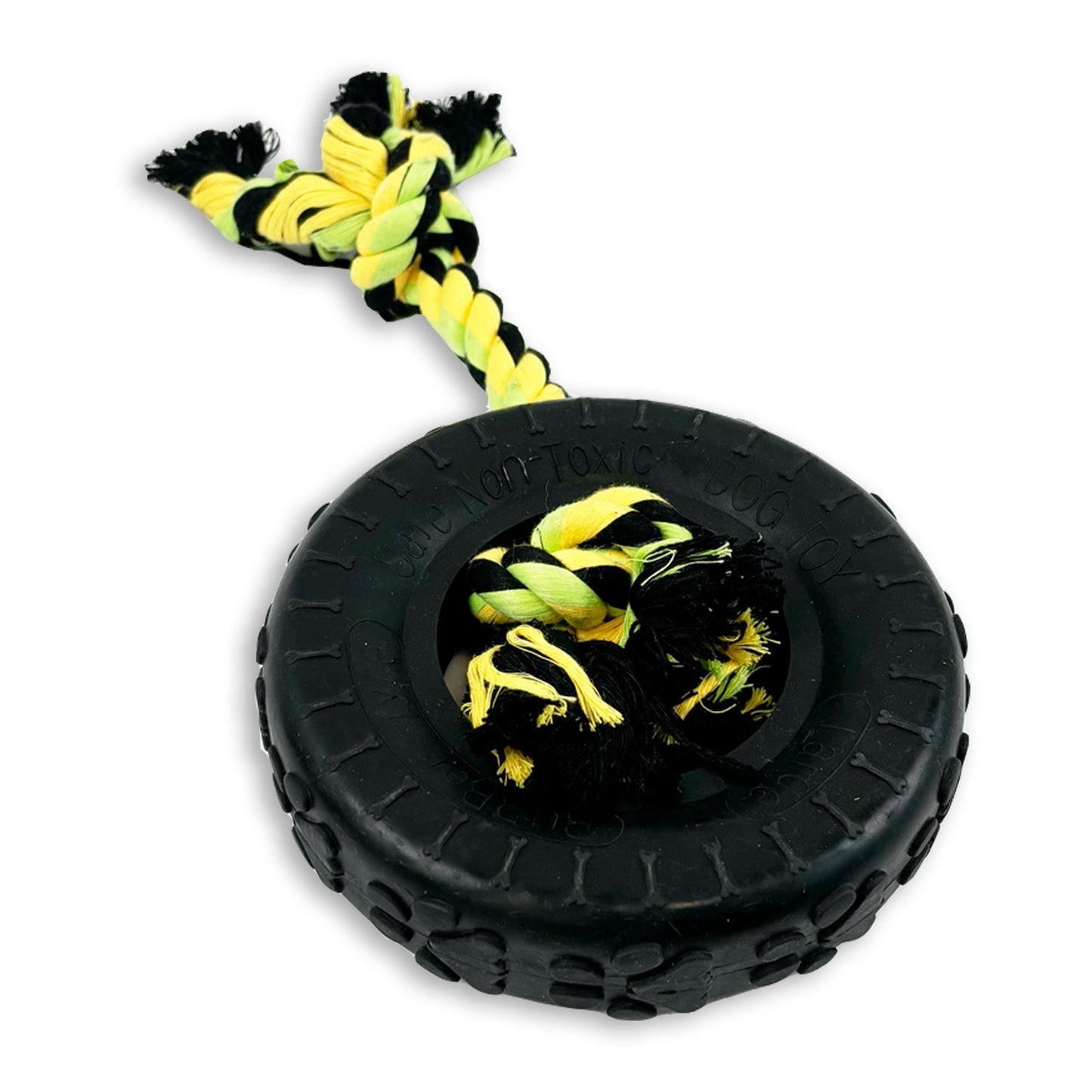 tough rubber tyre dog toy with durable knotted rope