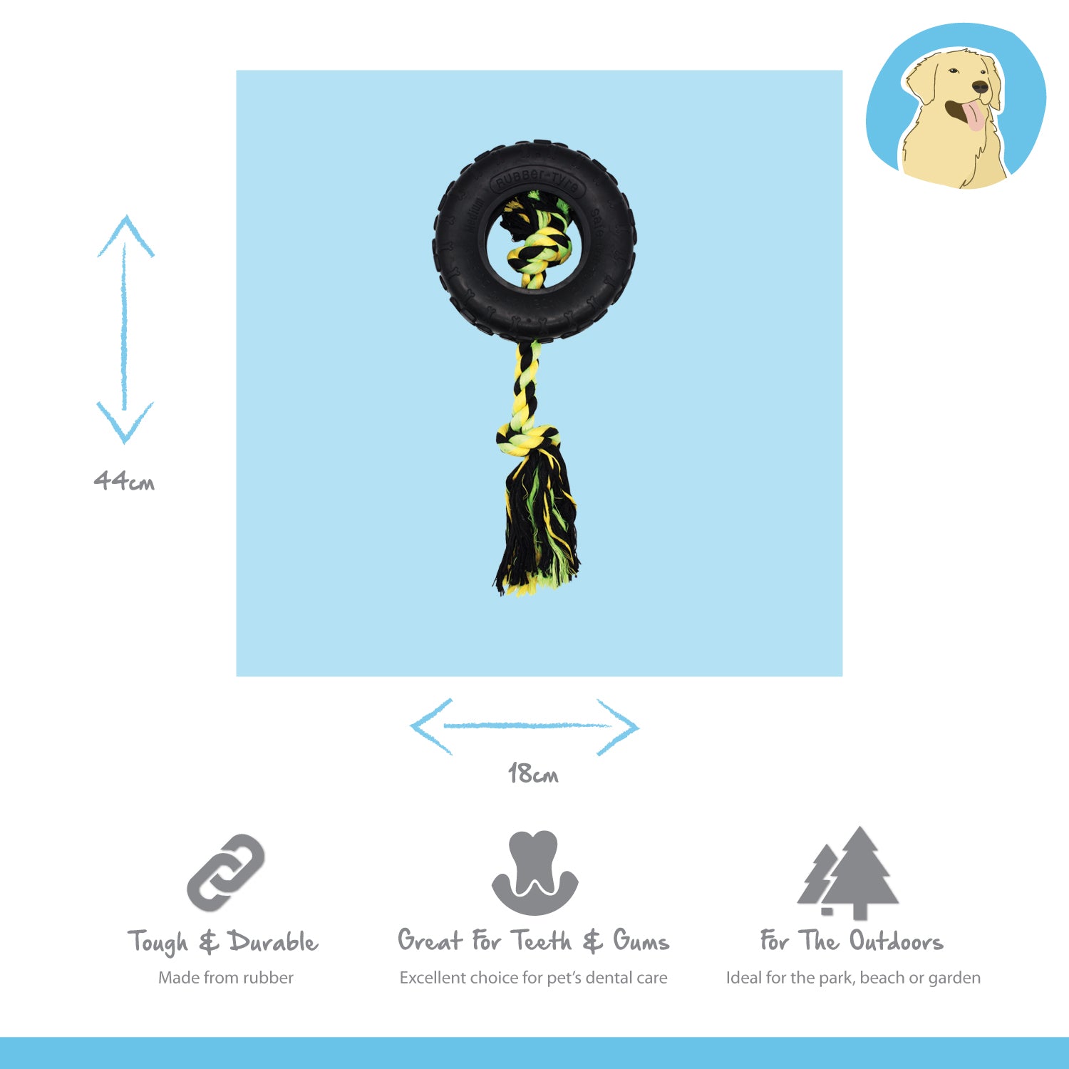 black tyre tough dog toy with durable knotted rope