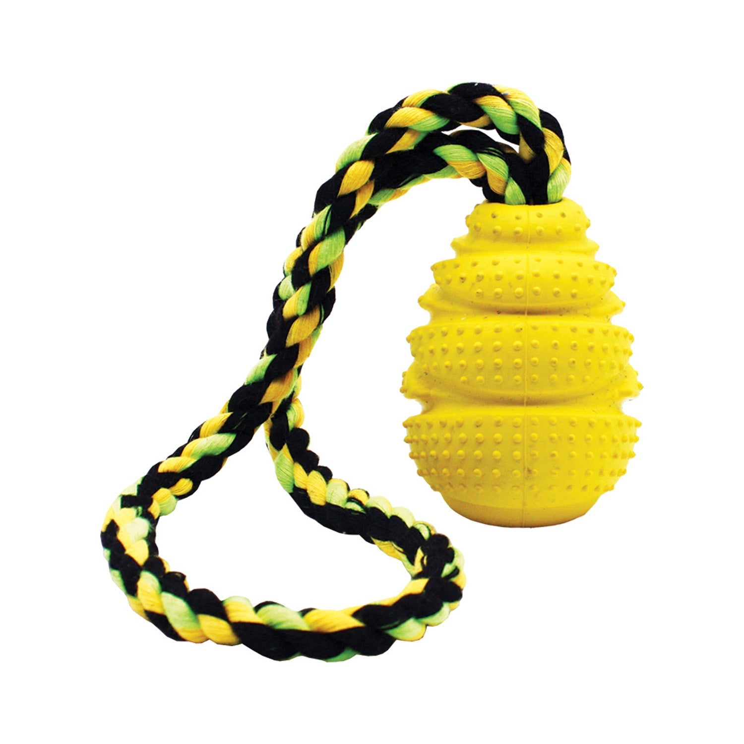 small rubber treat release dog toy with rope