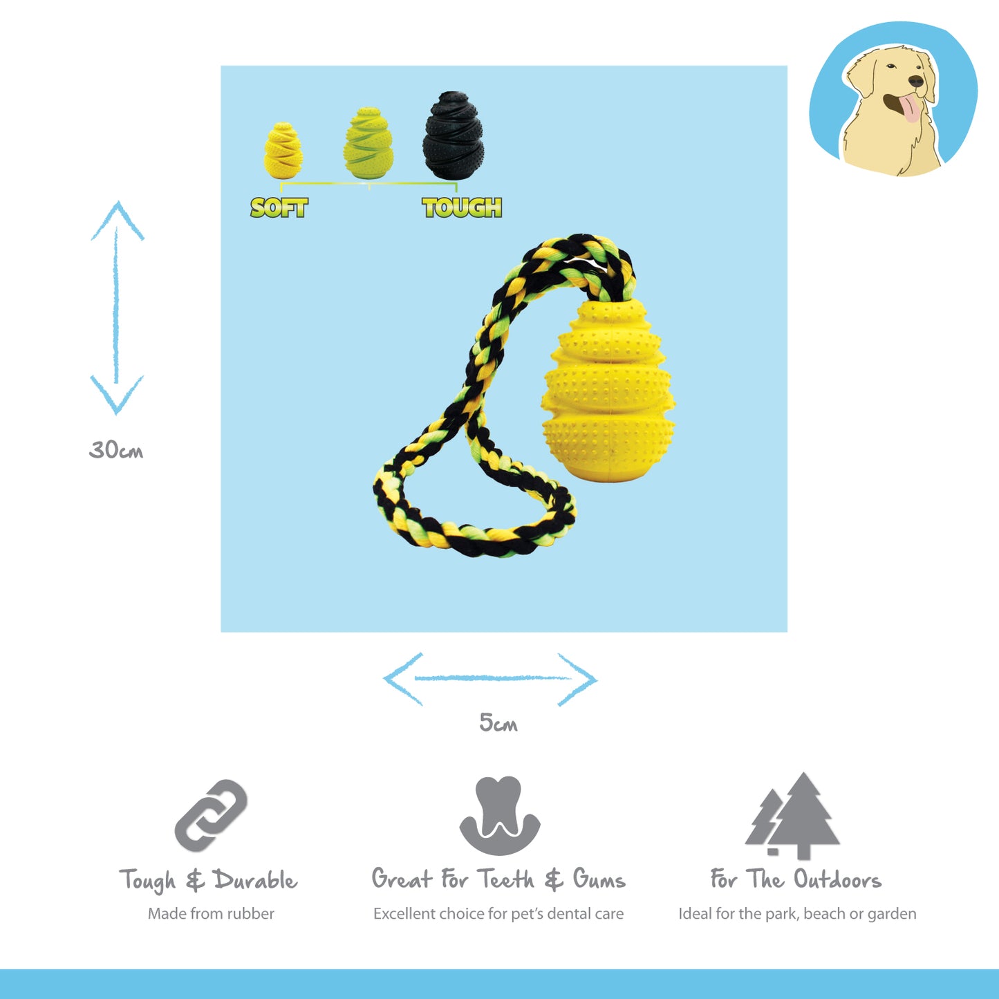 small rubber treat release dog toy with strong rope