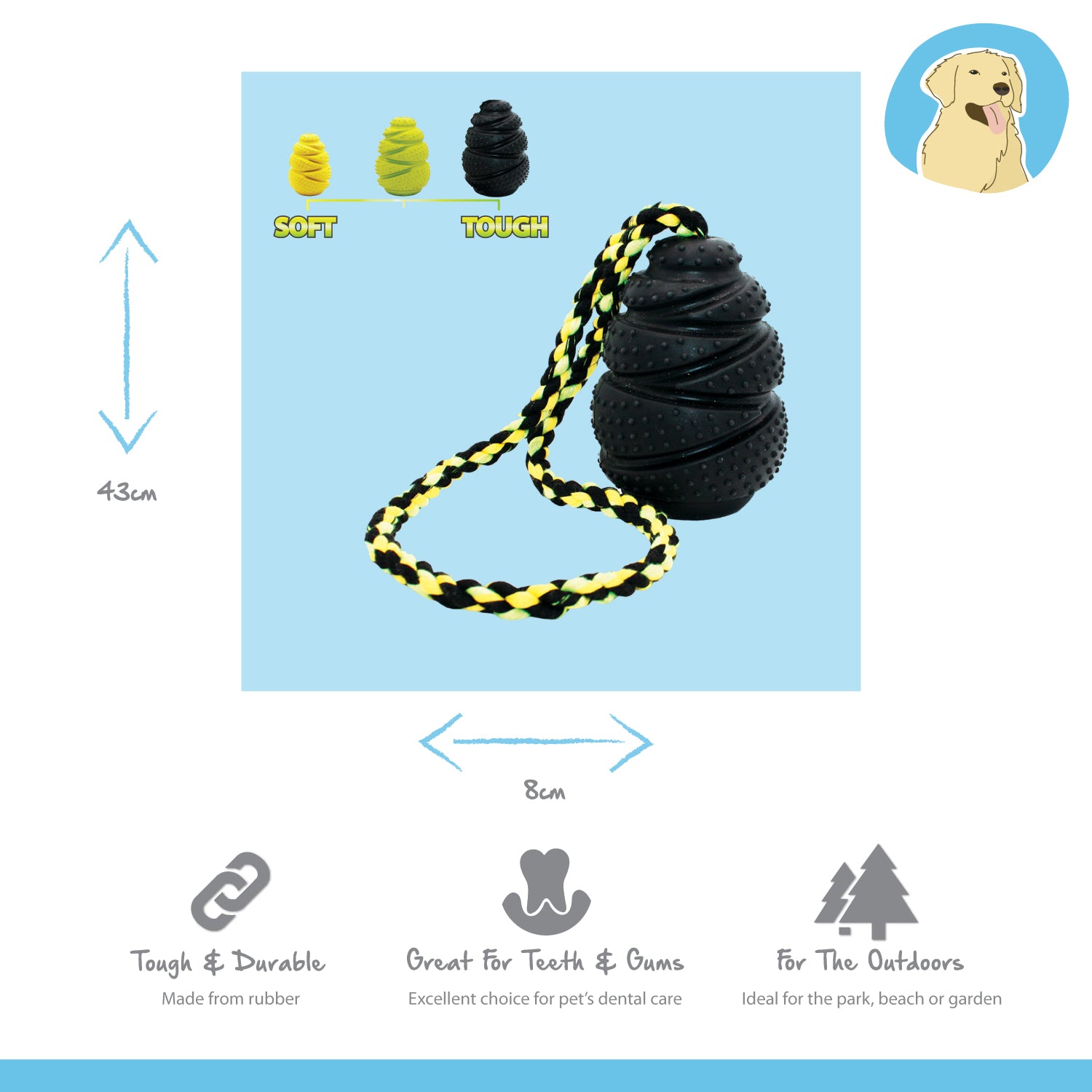 large rubber treat release dog toy with strong rope