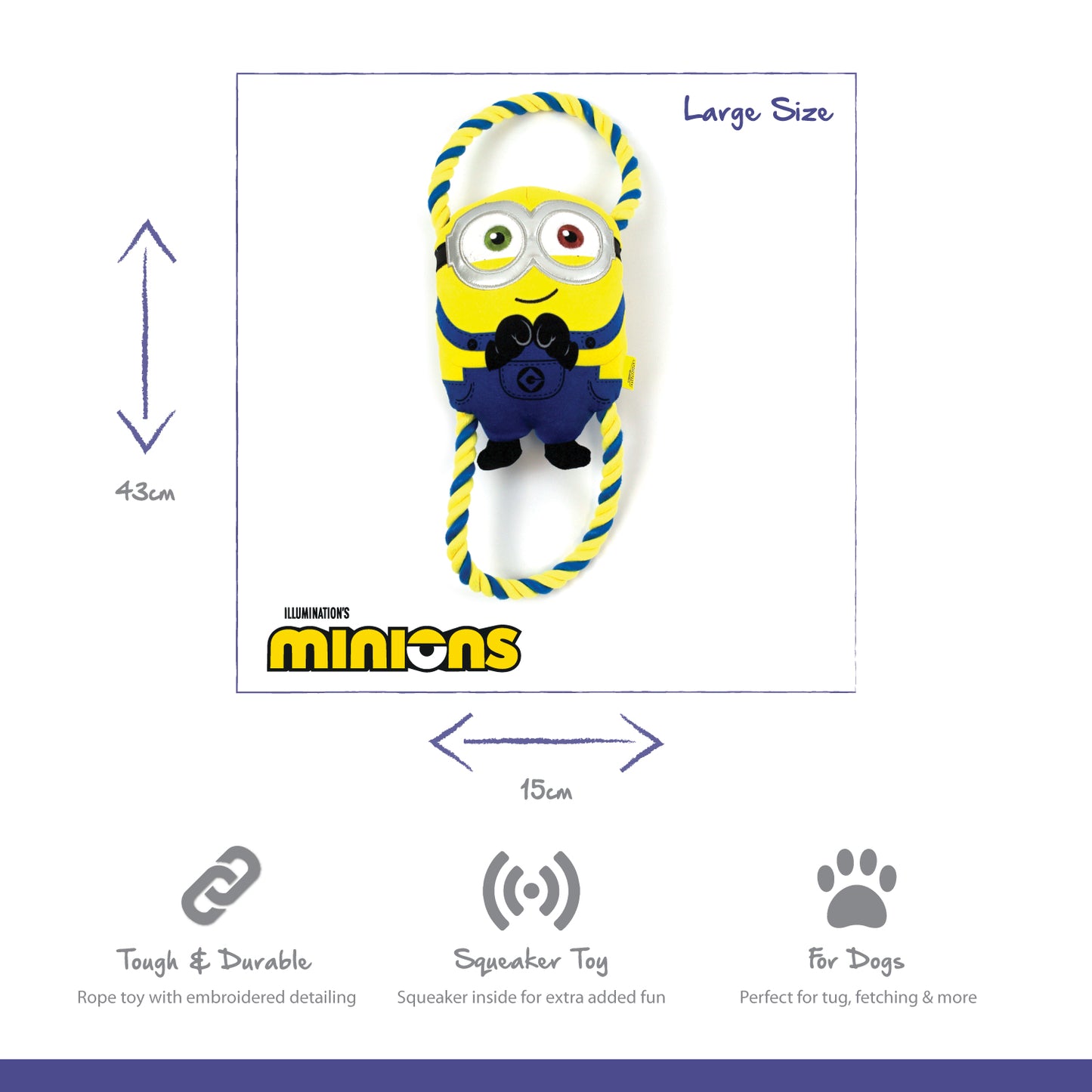large minions dog toy with durable rope through the body, with squeaker and crinkle material