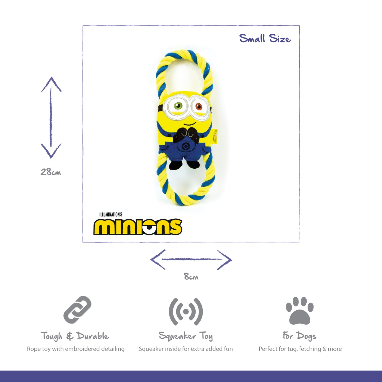 small minions dog toy with durable rope through the body, with squeaker and crinkle material