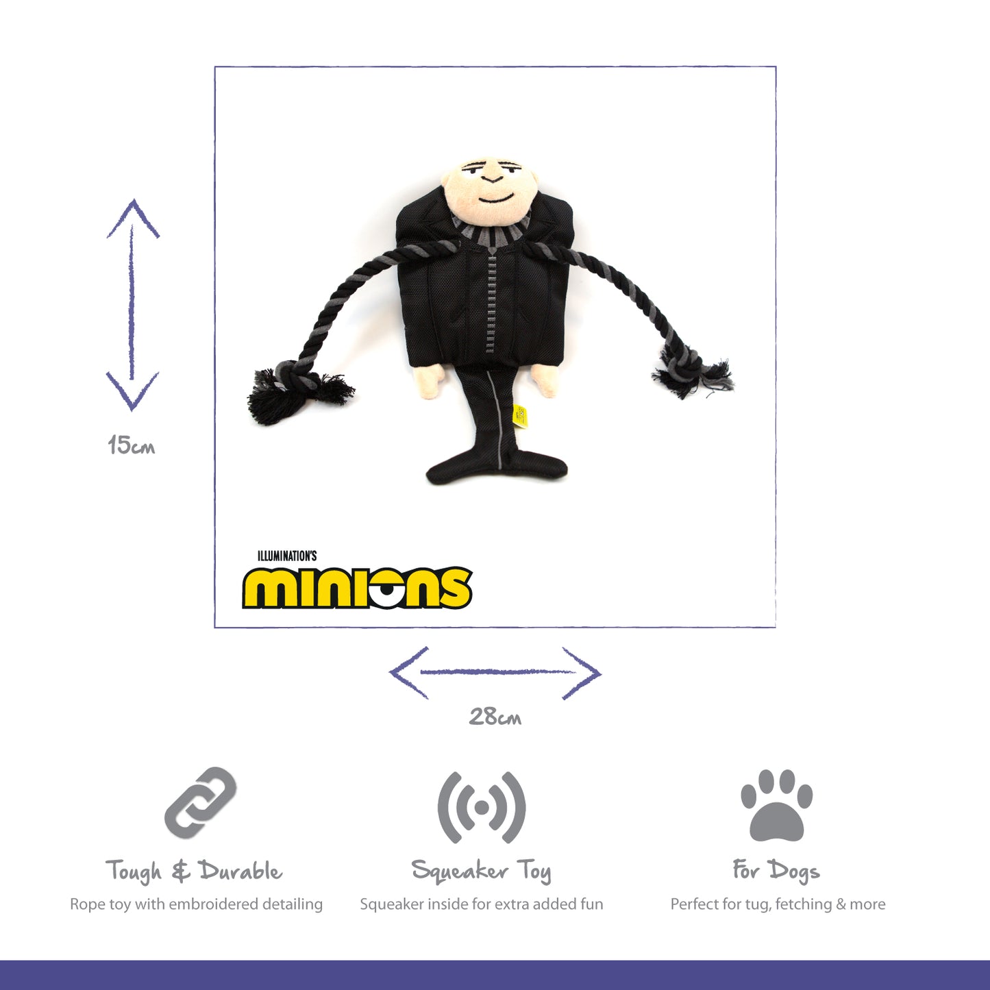 Minions Gru tough dog toy made with oxford fabric, tough rope and a large squeaker.