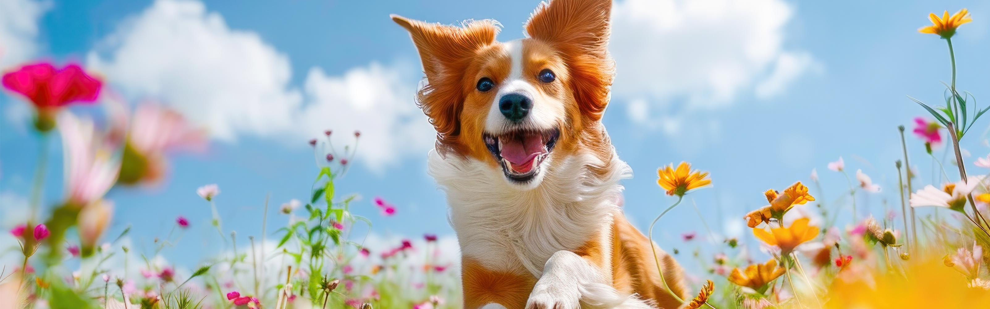 a dog flying through a field full of brightly coloured flowers