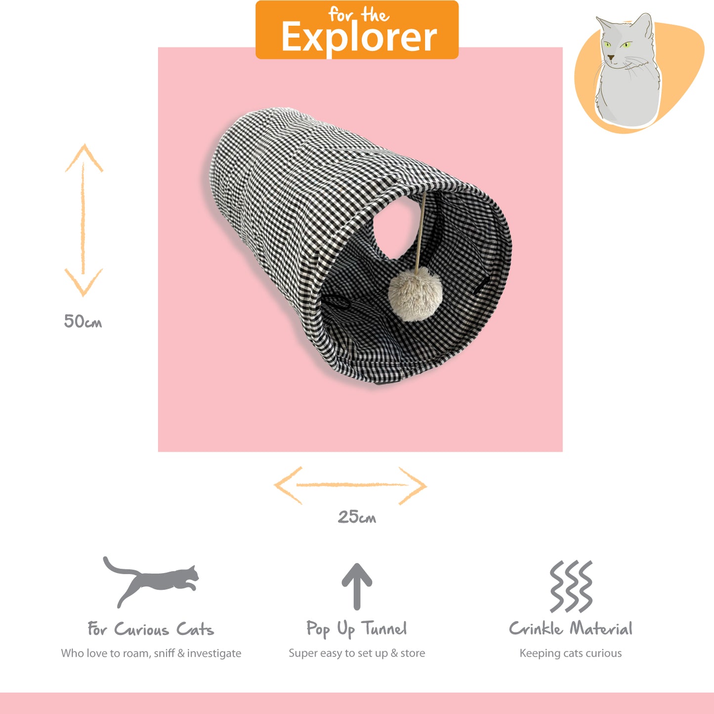 Tabby Patch Black Check Cat Tunnel