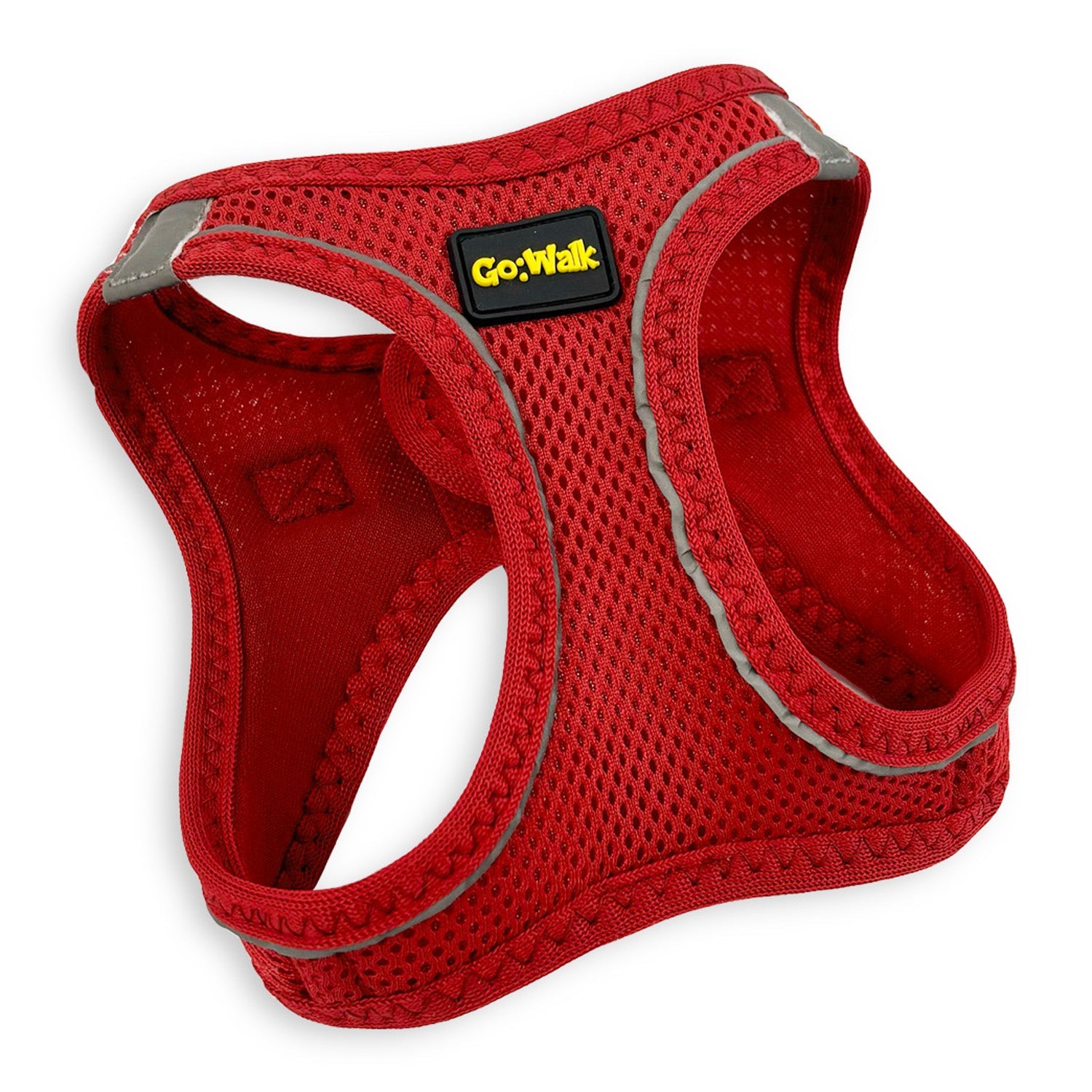 red walking dog harness with reflective piping