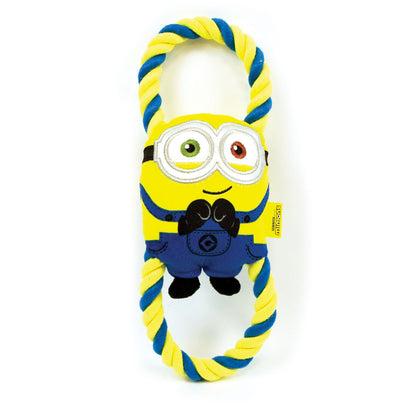 large minions dog toy with durable rope through the body, with squeaker and crinkle material