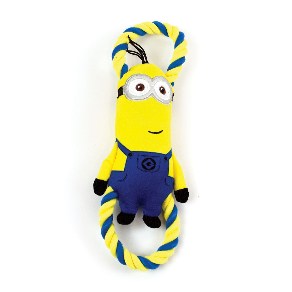 large minions dog toy with durable rope through the body, with squeaker and crinkle material