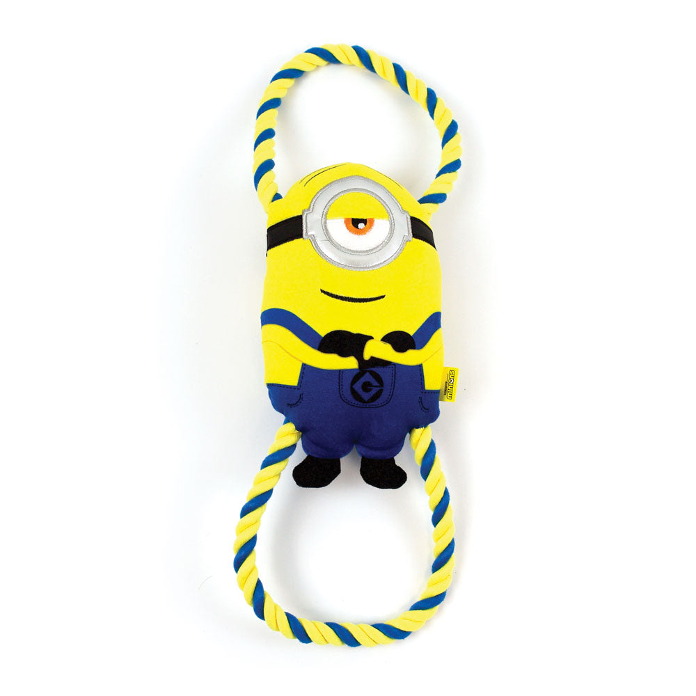large minions dog toy with durable rope through the body, with squeaker and crinkle material