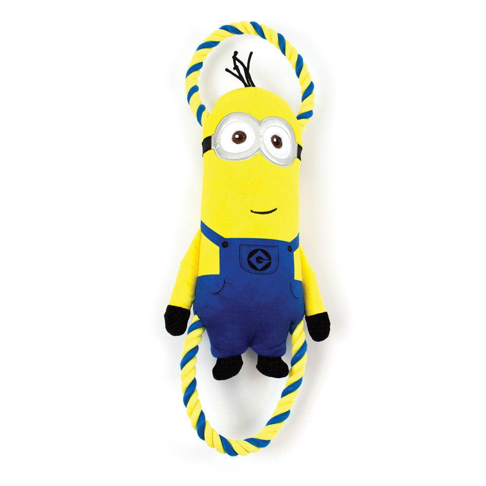 large minions dog toy with durable rope through the body, with squeaker and crinkle material