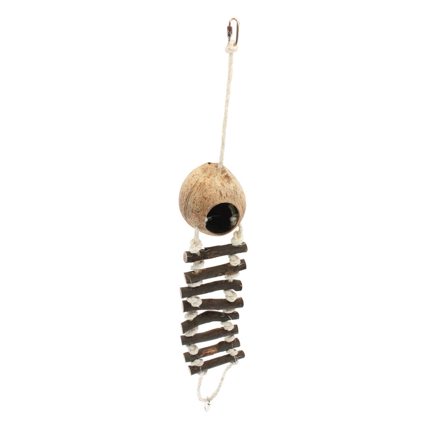 small animal hammock with natural wood and coconut shell