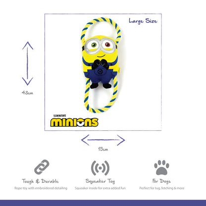 large minions dog toy with durable rope through the body, with squeaker and crinkle material