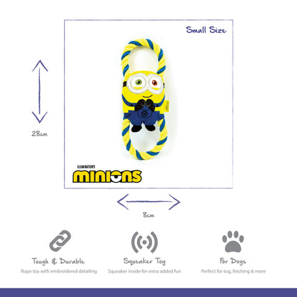 small minions dog toy with durable rope through the body, with squeaker and crinkle material